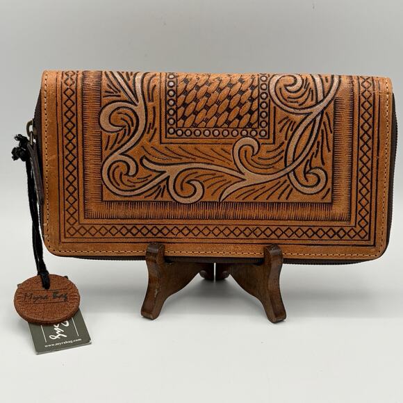 Myra Angelic Tooled Leather Wallet Full Zip Cash Cards Coin RFID Block NWT - Picture 1 of 14